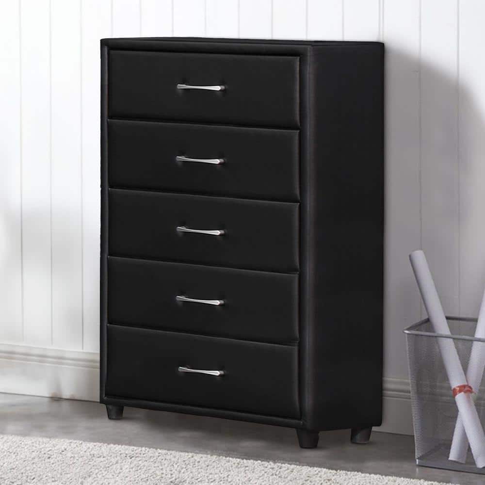 Transitional Black Faux Leather 5-Drawer Chest with Silver Pulls