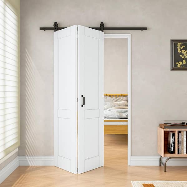 48 in. x 80 in. Paneled 2-Lite White Primed MDF Bifold Assembly Required Sliding Barn Door with Hardware Kit