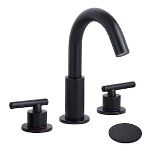 8 in.3 Hole Installation 2 Handle Widespread Bathroom Faucet with Pop-up Drain and 360° Swivel Spout in Matte Black