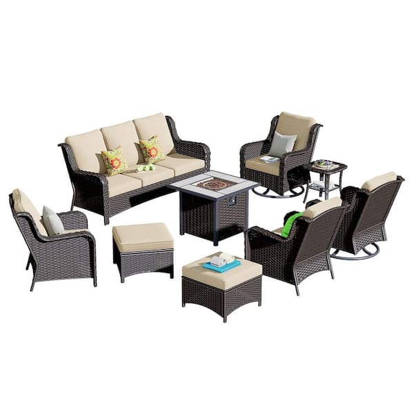 New Kenard Brown 9-Piece Wicker Patio Fire Pit Conversation Set with Beige Cushions and Swivel Rocking Chairs