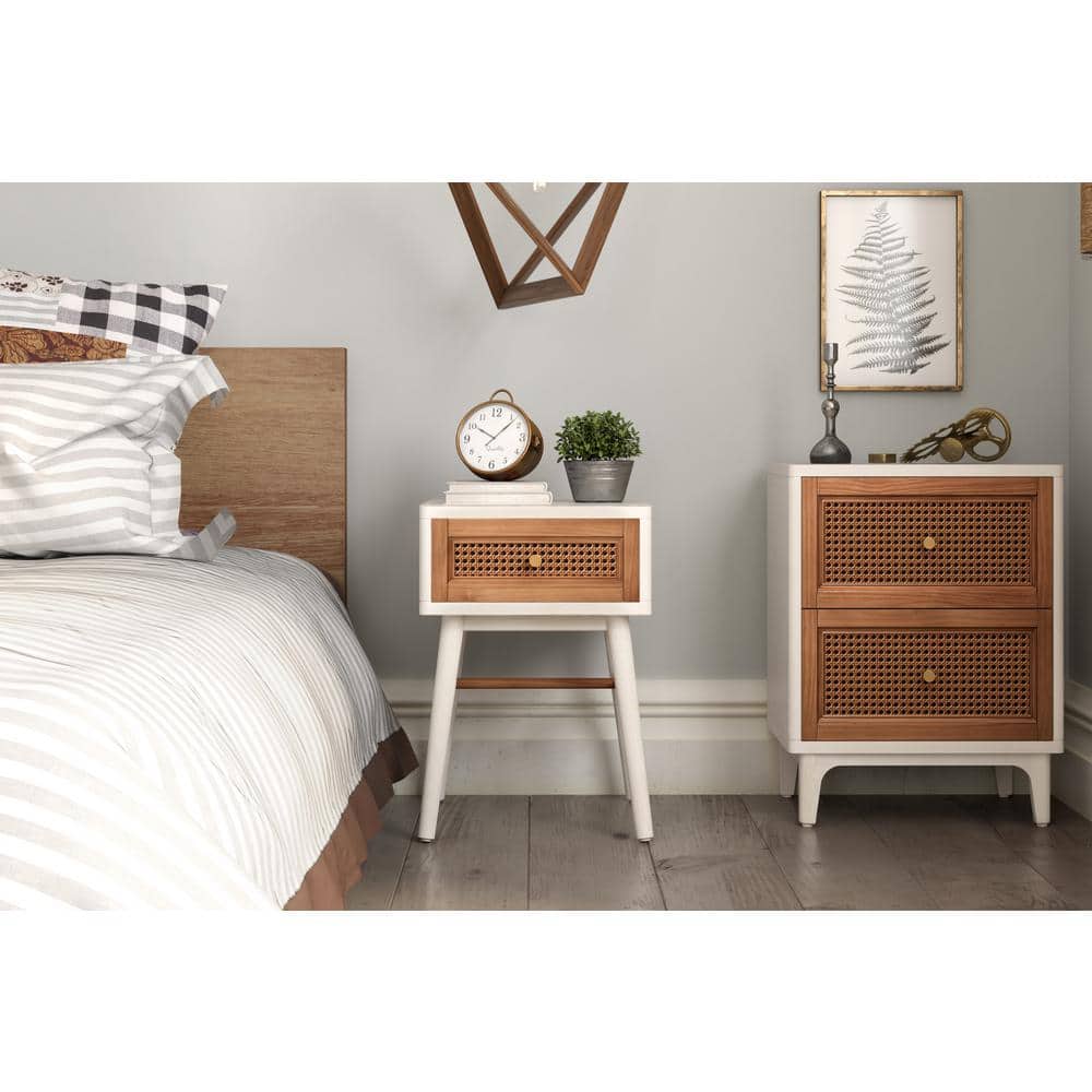 Coastal Chic Distressed White Woven Cane Nightstand with Brass Knobs