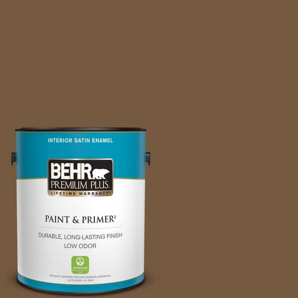 BEHR PREMIUM PLUS 1 gal. #290F-7 Wooden Cabin Satin Enamel Low Odor Interior Paint & Primer