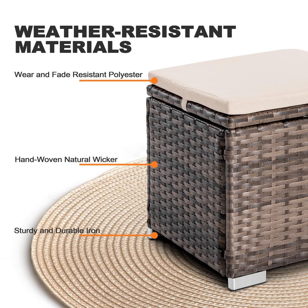 Brown and Beige Wicker Outdoor Storage Ottoman with Cushion