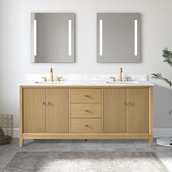 Vanity Art 72 in. W x 34 in. H Double Sink Natural Oak Bath Vanity Cabinet with Arabescato White Engineered Marble Top