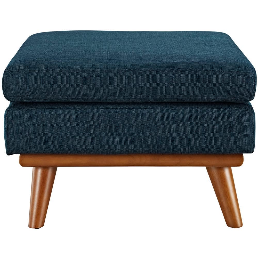 Mid-Century Azure Tufted Fabric Ottoman with Cherry Stained Rubberwood Frame