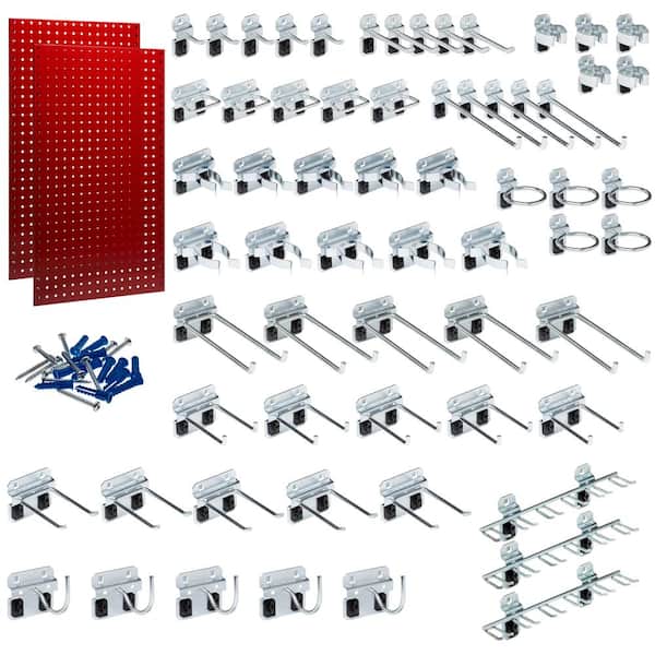 Triton Products (2) 24 in. W x 42-1/2 in. H x 9/16 in. D Red Epoxy, 18-Gauge Steel Square Hole Pegboards w/63-Piece. LocHook Assortment