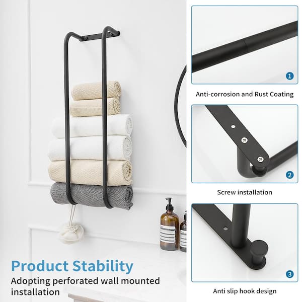 Towel Racks Towel Storage Wall Mounted Rolled or Folded Towel Holder Large Capacity in Matte Black