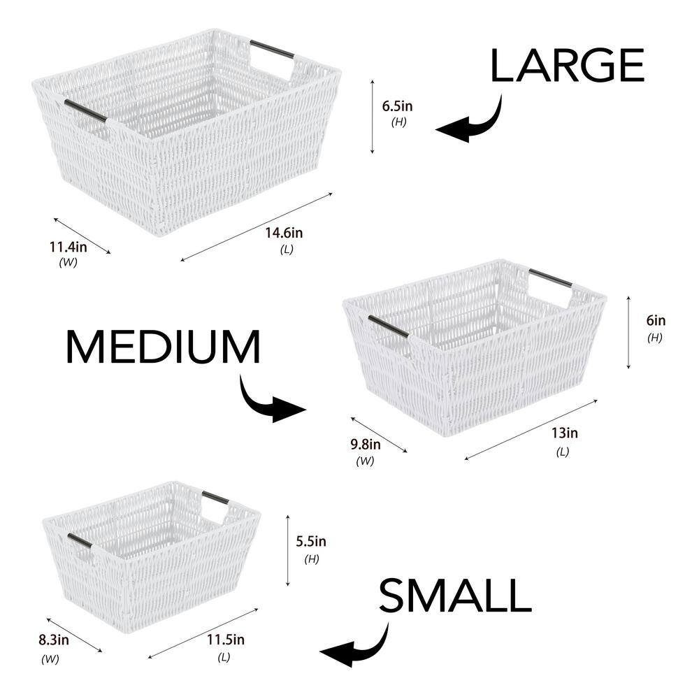 White Rectangular Rattan Storage Baskets with Iron Handles, Set of 3