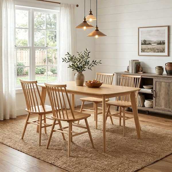 Briana 5-Piece Wood Top Dining Set with Oak Curve Back Windsor Chairs, Oak Rectangle Dining Table, Seats 4