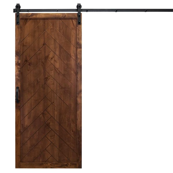 Unbranded 42 in. x 84 in. Herringbone Walnut Alder Wood Interior Barn Door Slab with Sliding Door Hardware Kit