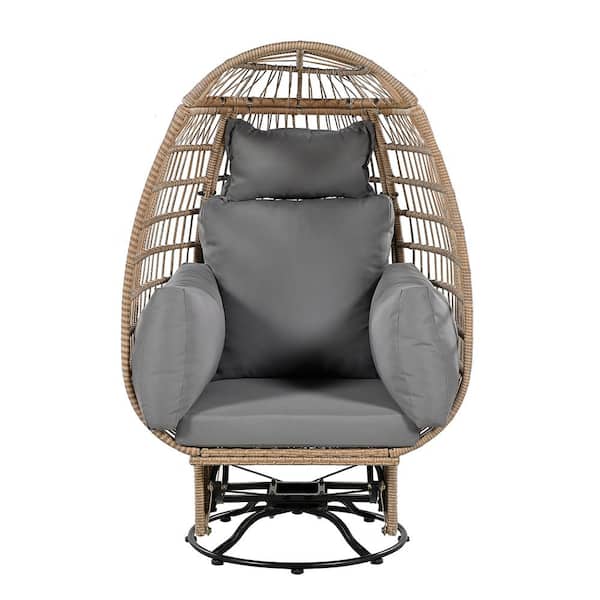Tenleaf Natural Brown Wicker Rattan Egg Swivel Outdoor Lounge Chair with Gray Cushions Rocking Function