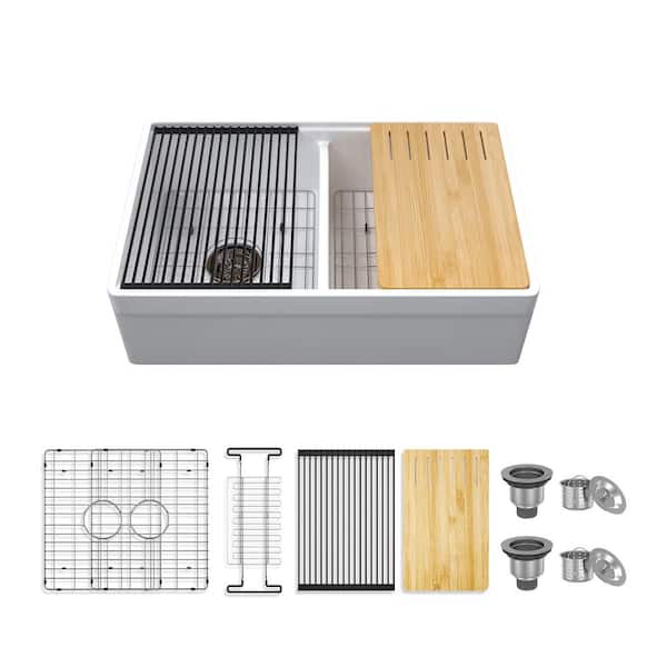 33 in. Farmhouse Double Bowl White Fireclay Workstation Kitchen Sink Complete Set-Drying Rack and Cutting Board Included