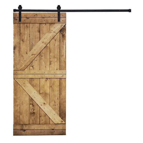 AIOPOP HOME K-Bar 42 in. x 84 in. Briar Smoke Brown Stained Knotty Pine Wood DIY Sliding Barn Door with Hardware Kit