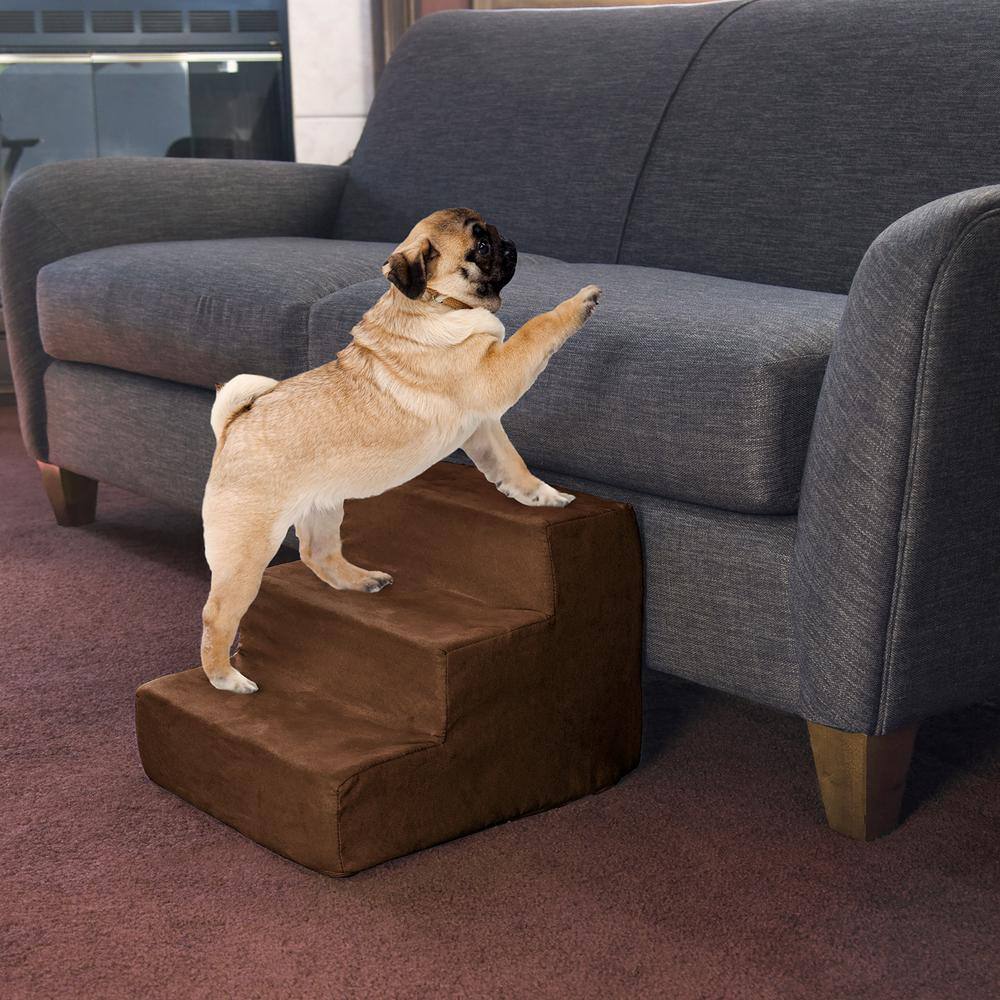 Brown 3-Step High-Density Foam Pet Stairs with Microfiber Cover