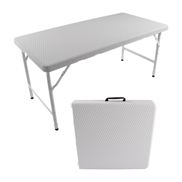 Unbranded Folding Camping Table, 49 in. White Rectangle Steel High Load Bearing Fold Up Table Outdoor Portable Picnic Table