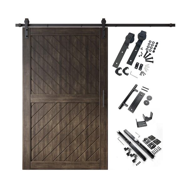 XT4 48 in. x 80 in. C-Panel Ebony Slanted Stripe Design Solid Pine Wood Sliding Barn Door with Hardware Kit