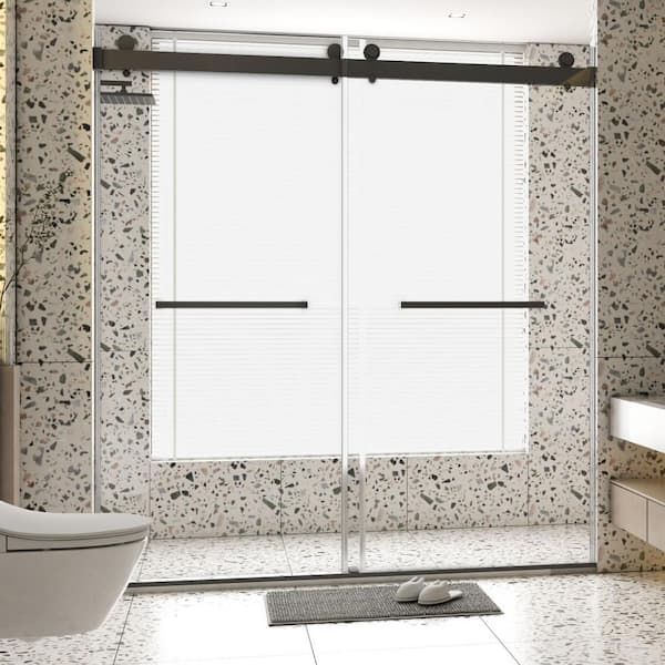 ANGELES HOME 68-72 in. W x 76 in. H Sliding Semi-Frameless Shower Door in Matte Black Finish with Clear Glass, 3/8 in. (10 mm)