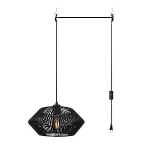 1 Light Black Metal Hanging Pendant Light with Paper Rattan Shade and Plug, No Bulbs Included