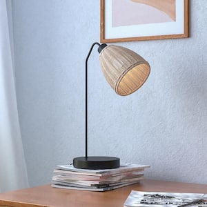Heideman 19 in. Painted Black Table Lamp with Rattan Lampshade and USB Socket