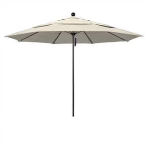 11 ft. Black Aluminum Commercial Market Patio Umbrella with Fiberglass Ribs and Pulley Lift in Antique Beige Olefin