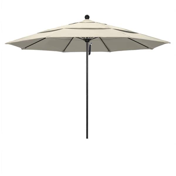 11 ft. Black Aluminum Commercial Market Patio Umbrella with Fiberglass Ribs and Pulley Lift in Antique Beige Olefin