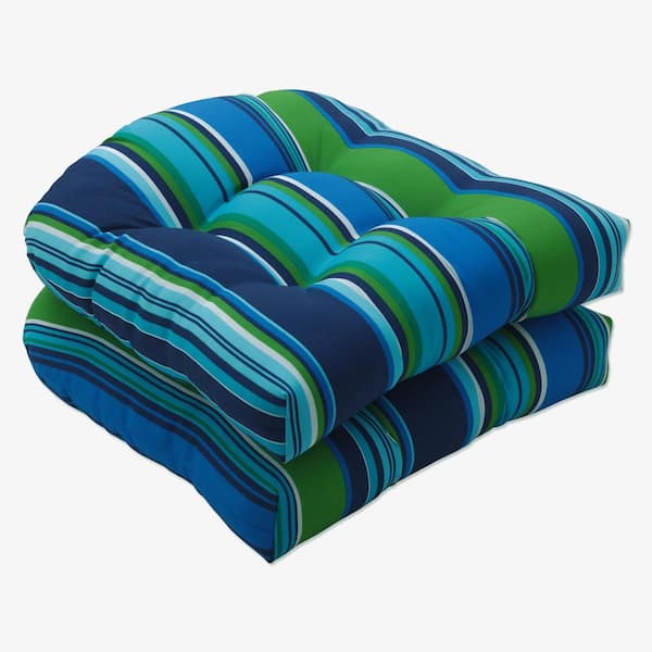Pillow Perfect Striped 19 in. x 19 in. Outdoor Dining Chair Cushion in Blue/Green/White (Set of 2)