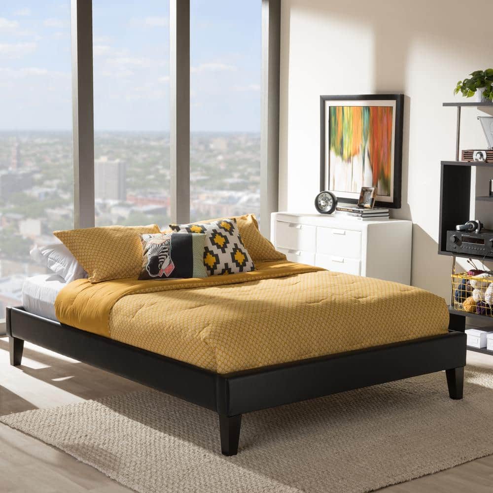 Lancashire Black Faux Leather Upholstered Full Bed Frame with Tapered Legs