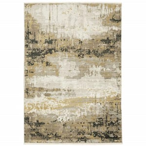 4' X 6' Grey Gold Black Charcoal And Beige Abstract Power Loom Stain Resistant Area Rug With Fringe