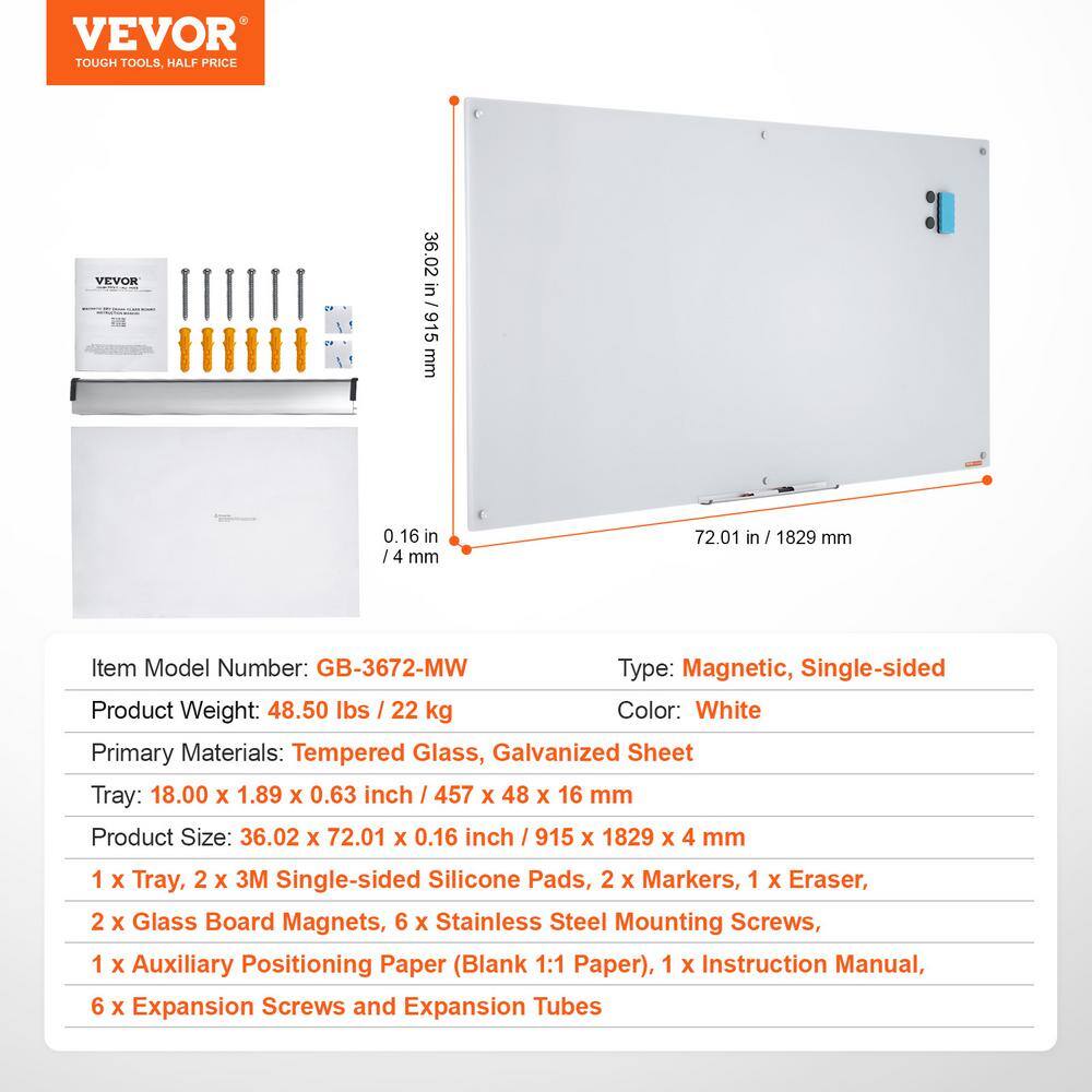 72" x 36" Frameless Clear Magnetic Glass Whiteboard with Marker Tray