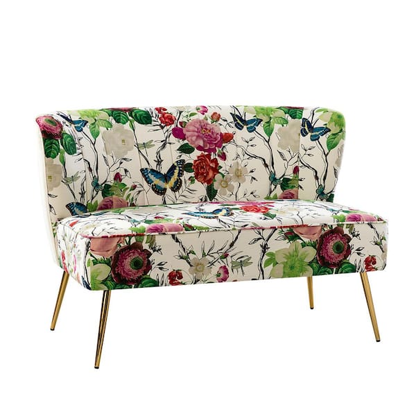 JAYDEN CREATION Arezo 47 in. Comfy Ivory Floral Pattern Design Loveseat with Channel Tufted Back and Adjustable Leg