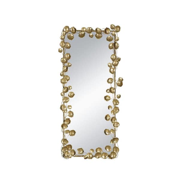 EPOWP 31.1 in. W x 60.8 in. H Large Rectangular Iron Framed Wall Bathroom Vanity Mirror in Gold with Golden Leaf Accent