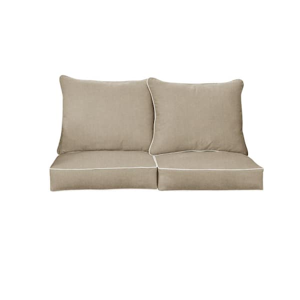 SORRA HOME 27 in. x 29 in. Sunbrella Canvas Taupe and Natural Deep Seating Indoor/Outdoor Loveseat Cushion
