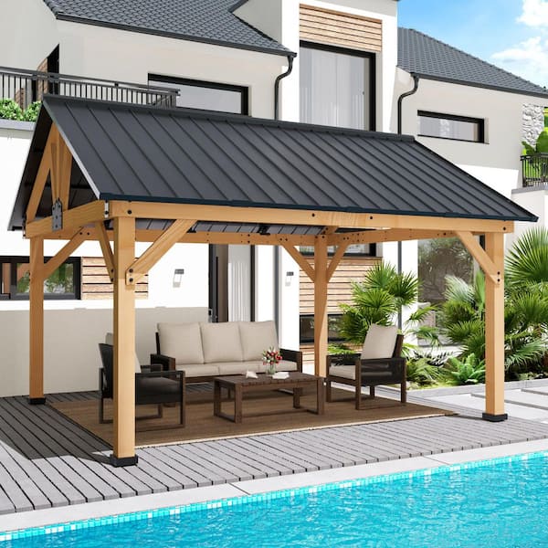 13 ft. x 11 ft. Cedar Wood Hardtop Outdoor Gazebo with Galvanized Steel Roof and Ceiling Hook