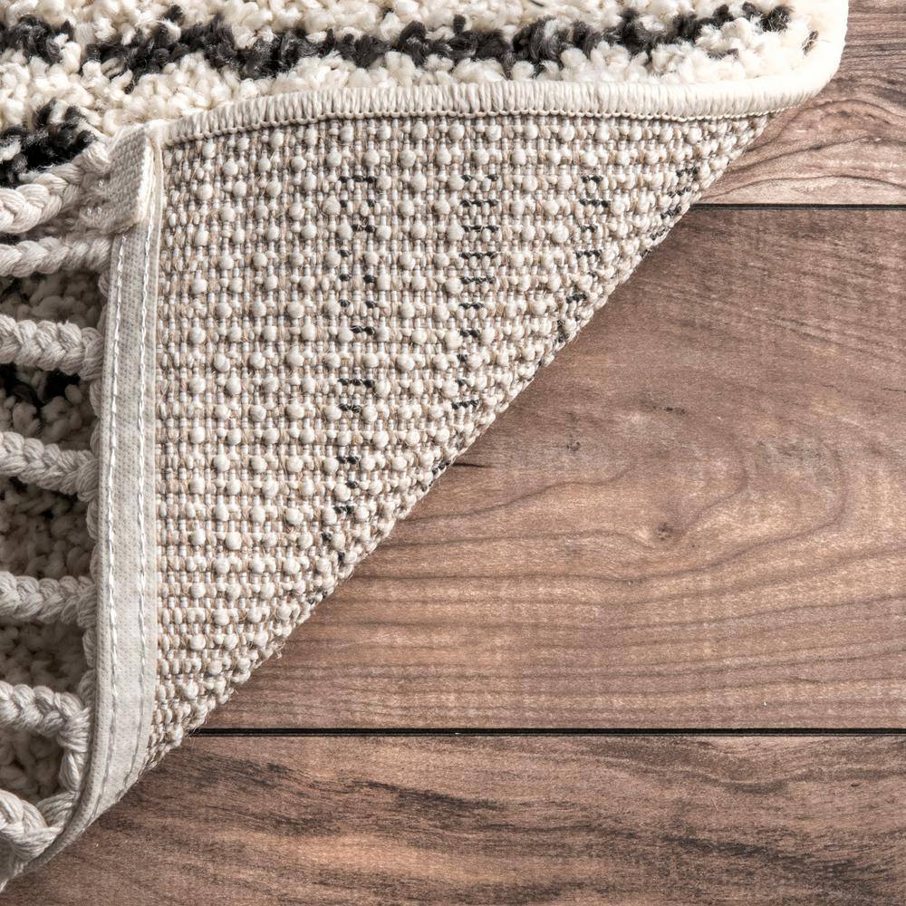 Off-White Synthetic Square Shag Rug with Braided Tassels