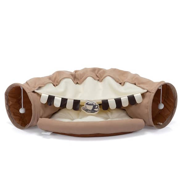 Tatayosi Coffee Collapsible Cat Tunnel Bed, Washable Cat Bed with Hanging Toys and Cushion Mat, Medium