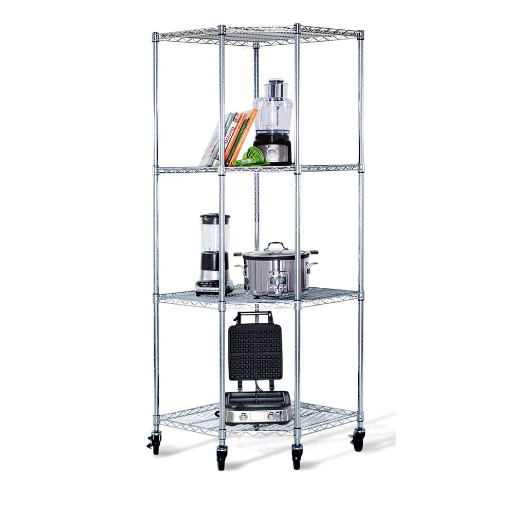 Adjustable Gray Steel 4-Tier Corner Shelving Unit with Wheels