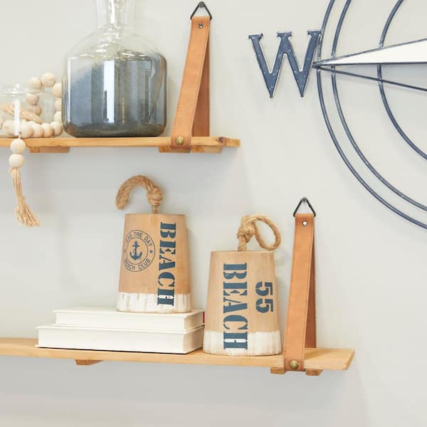 Litton Lane Brown Wood Door Stopper Buoy Sculpture with Rope Accents (Set of 2)