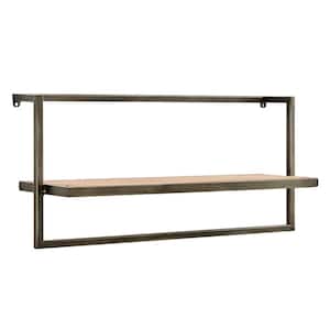 17 in. W Rustic Wood and Metal Frame Floating Decorative Wall Shelf with Towel Bar
