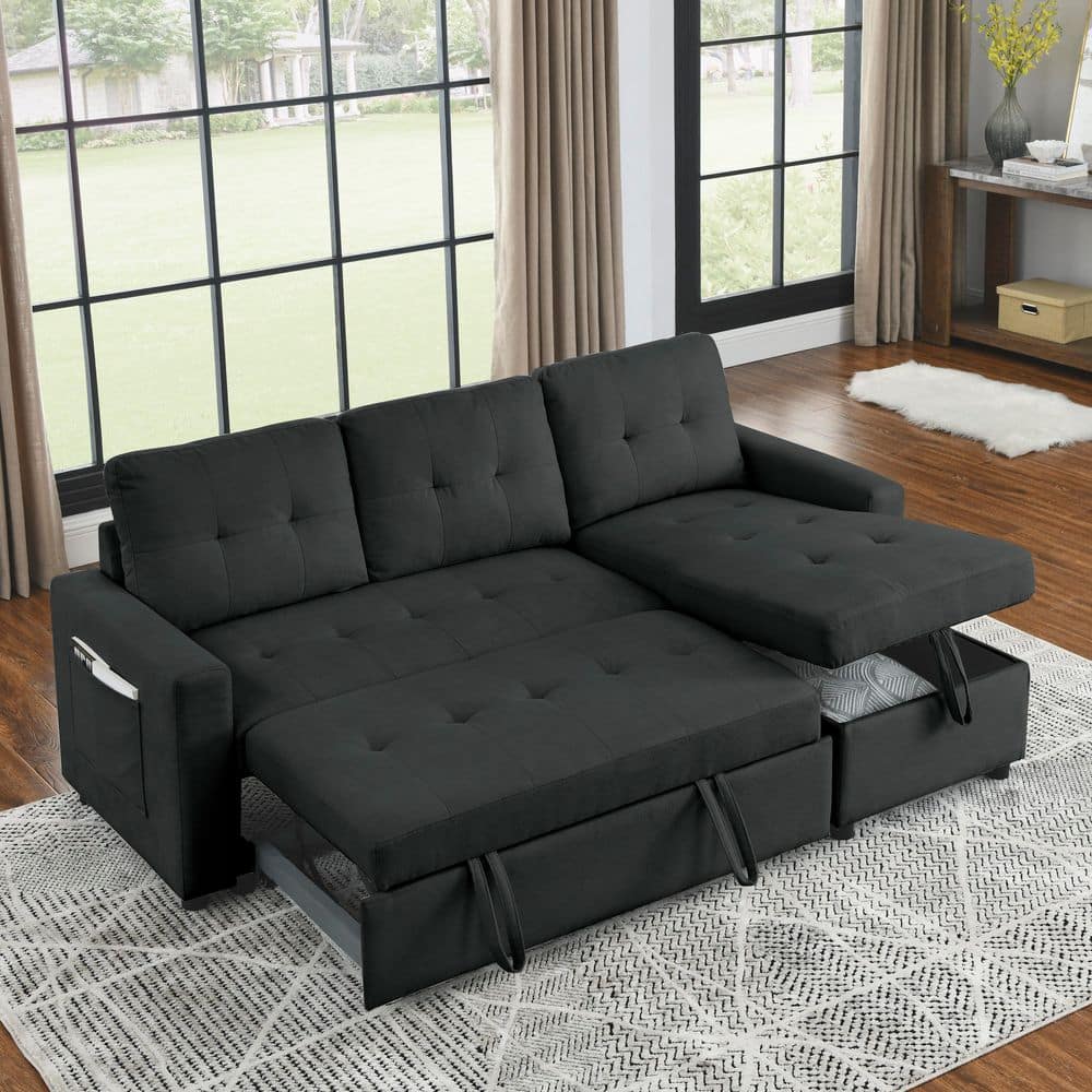 Black 78.5 in. Reversible Polyester Full Size Sectional Sofa Bed with Stora