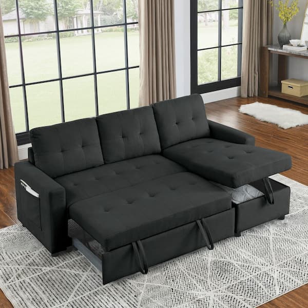 Black 78.5 in. Reversible Polyester Full Size Sectional Sofa Bed with Storage Chaise and Side Pocket