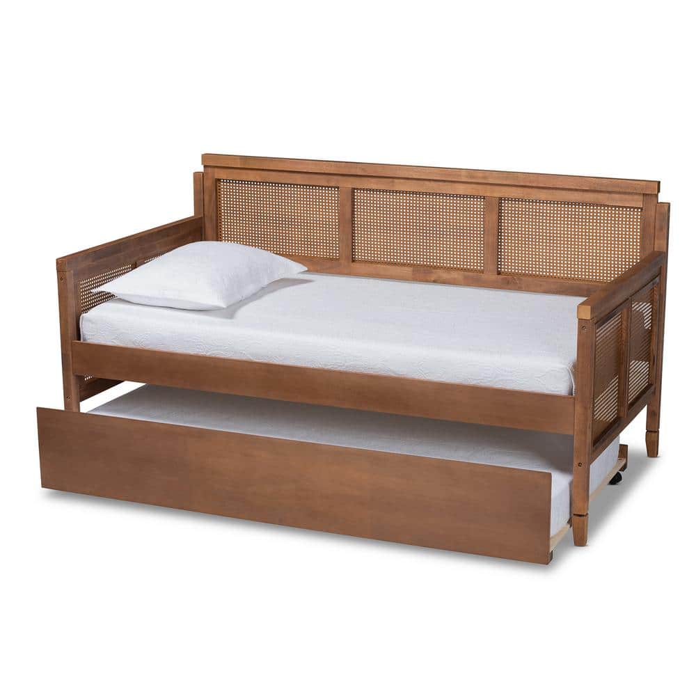 Walnut Wood and Rattan Twin Daybed with Trundle