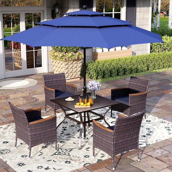 PHI VILLA Black 6-Piece Metal Patio Outdoor Dining Set with Slat Square Table, Blue Umbrella and Rattan Chairs with Blue Cushion