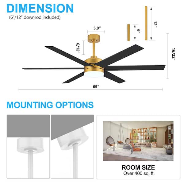 Primo 65''Black and White Ceiling Fan with 6 Dual-Finish Blades, DC Motor, 3-Color Light, 6-Speed Remote, Timer Function