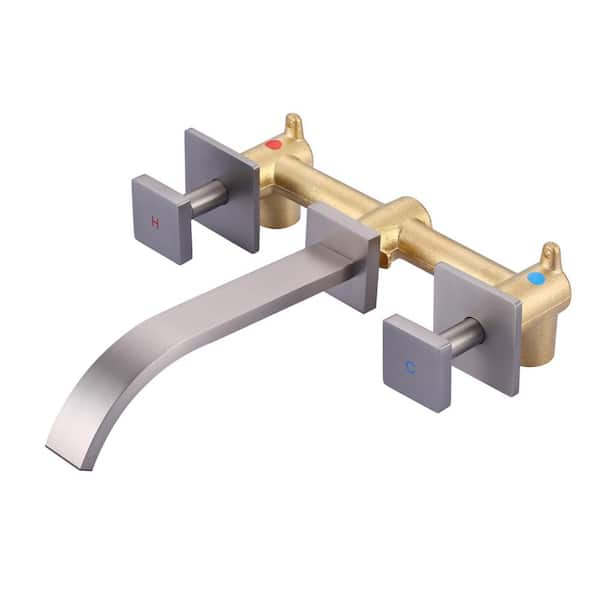 Arcora Double Handle 3 Holes Wall Mounted Modern Bathroom Sink Faucet In Brushed Nickel 5677