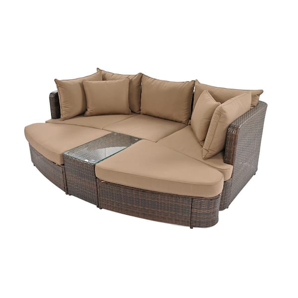 ToolCat 6-Piece Patio Outdoor Round Conversation Set, PE Wicker Rattan Separate Seating Group Sofa with Table, Brown Cushions