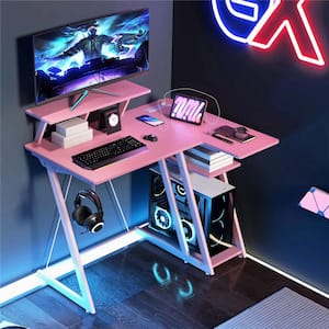 42.5 in. L-Shaped Pink Wood Desk with Outlets and USB Ports Monitor Shelf Headphone Hook