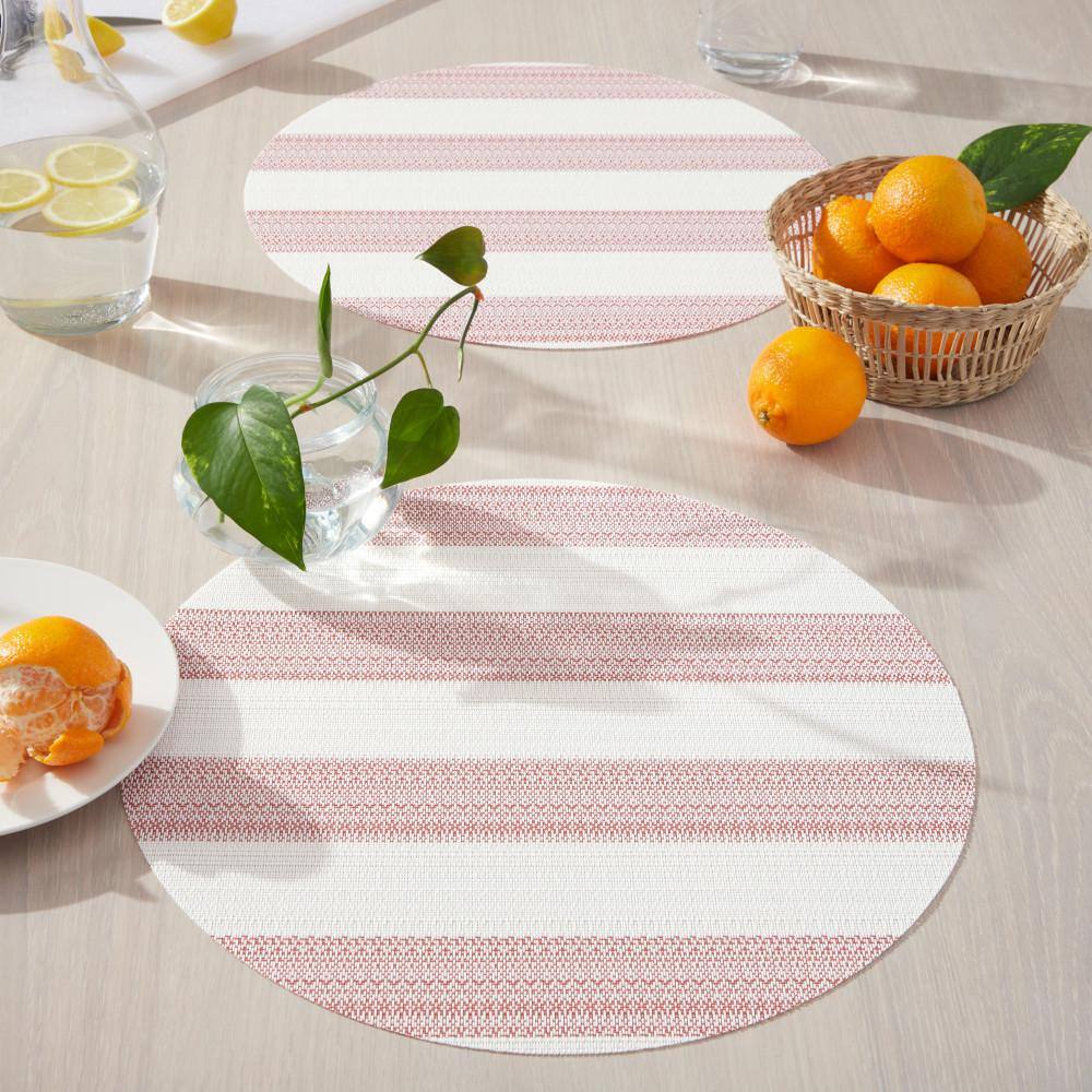Red and White Cabana Stripe Round Vinyl Placemats, 15" Set of 4