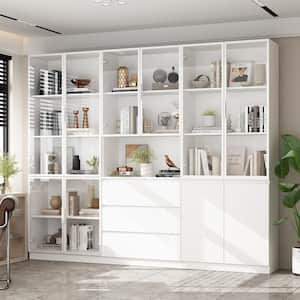 78.7 in. Tall White Wood 13-Shelf Standard Bookcase Bookshelf With Tempered Glass Doors, Cabinet, Drawers and Open Shelf