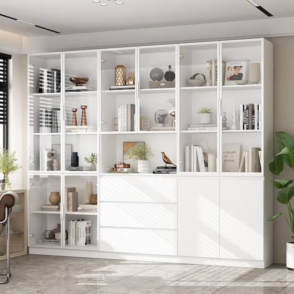 FUFU&GAGA 78.7 in. Tall White Wood 13-Shelf Standard Bookcase Bookshelf with Tempered Glass Doors, Cabinet, Drawers and Open Shelf