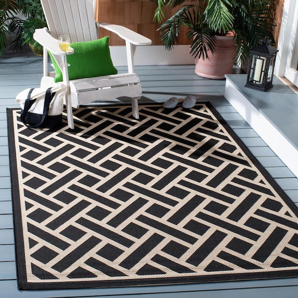 Courtyard Black/Light Beige 9 ft. x 12 ft. Geometric Lattice Indoor/Outdoor Area Rug